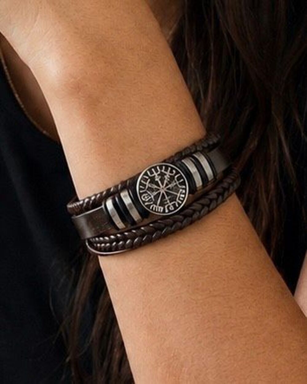 Brown Viking Compass Medallion Multi-Strand Vegan Leather Bracelet